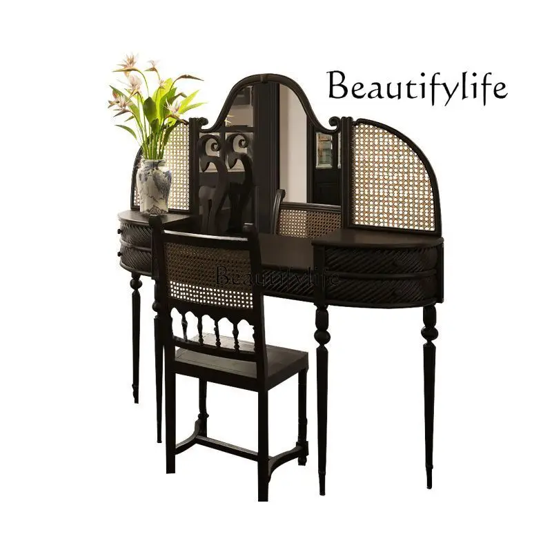 Retro rattan dresser solid wood desk writing desk neoclassical storage table dressing table complete 
Retro rattan dresser solid wood desk writing desk neoclassical storage table dressing table complete