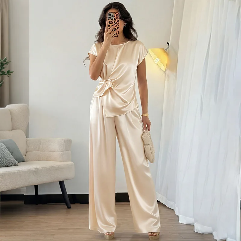 Womens Summer Satin Twist Front Top Wide Leg Pants Two Piece Casual Set
Womens Summer Satin Twist Front Top Wide Leg Pants Two Piece Casual Set