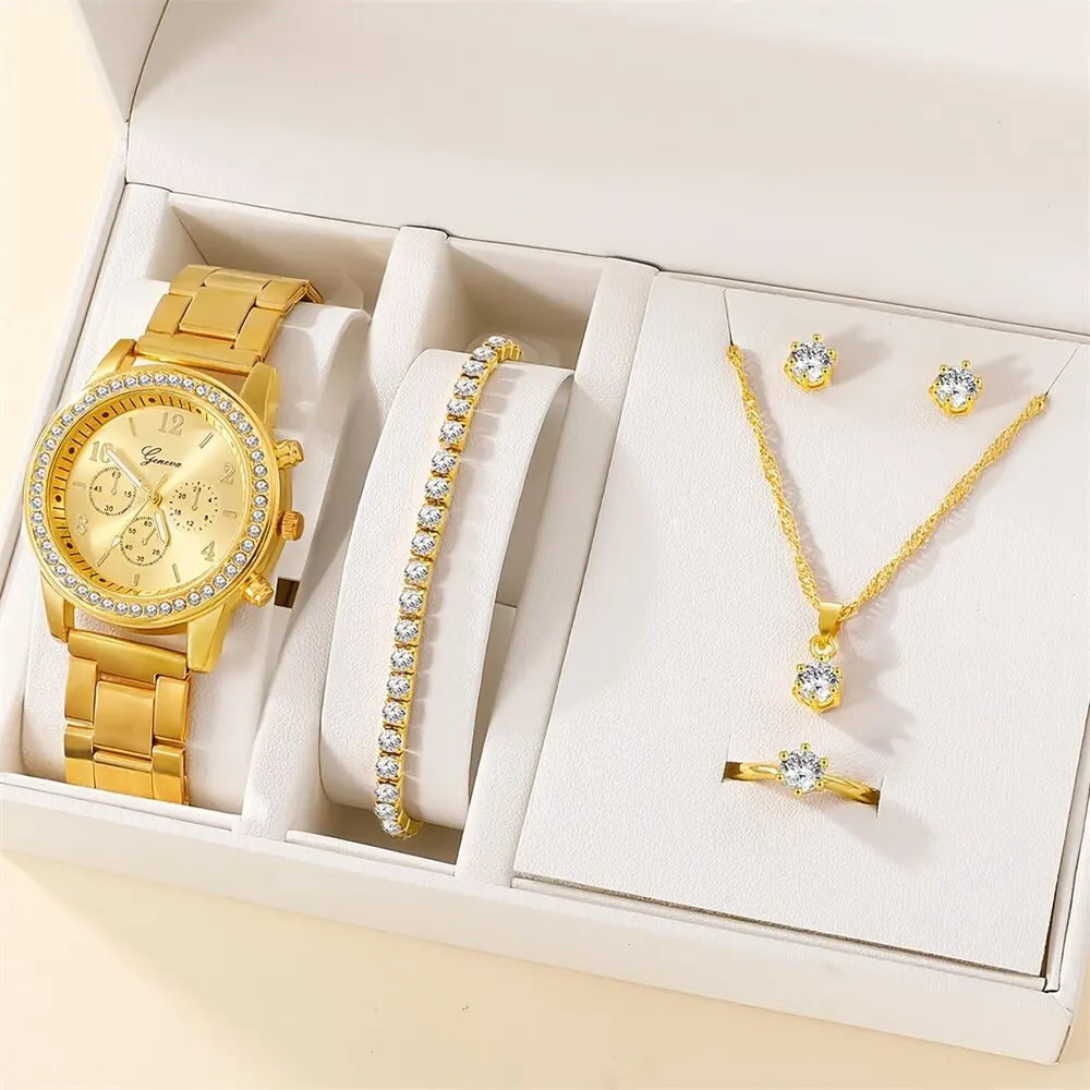 6PCS Set Luxury Watch Women Ring Necklace Earring Rhinestone Fashion Wristwatch Casual Ladies Watches Bracelet Set Clock
6PCS Set Luxury Watch Women Ring Necklace Earring Rhinestone Fashion Wristwatch Casual Ladies Watches Bracelet Set Clock