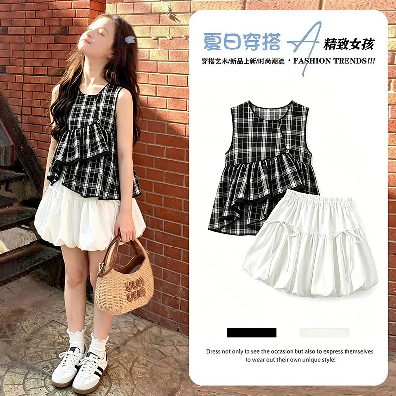 Girls Summer Sleeveless Plaid Two Piece Set Thin Irregular Top Straight Wide Leg Pants Casual Fashion Outfit For Kids Teen Girls
Girls Summer Sleeveless Plaid Two Piece Set Thin Irregular Top Straight Wide Leg Pants Casual Fashion Outfit For Kids Teen Girls