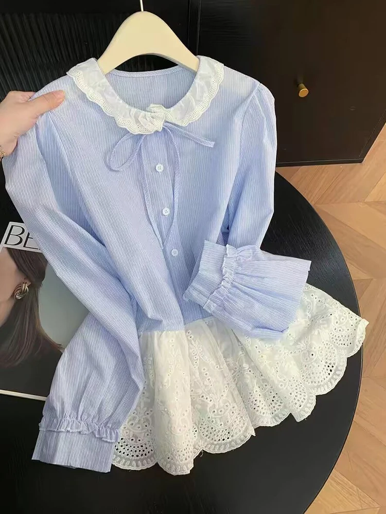 Lace Patchwork Cute Striped Shirt Women Long Sleeve Sweet Bow Blouse Spring Summer Fashion Female Fake Two Casual O Neck Tops
Lace Patchwork Cute Striped Shirt Women Long Sleeve Sweet Bow Blouse Spring Summer Fashion Female Fake Two Casual O Neck Tops