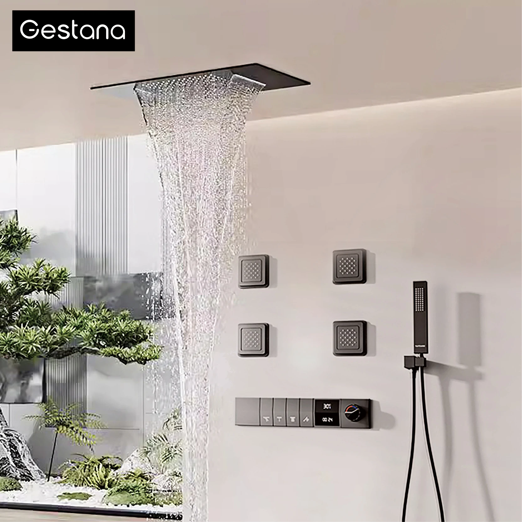 Brass Gun Grey Wall-Mounted Ceiling Shower System,LED Digital Display Anti-Scald Thermostatic Shower Mixer With Back Spray
Brass Gun Grey Wall-Mounted Ceiling Shower System,LED Digital Display Anti-Scald Thermostatic Shower Mixer With Back Spray