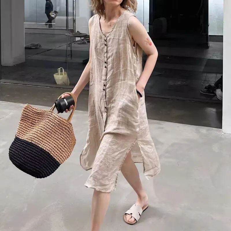 Vintage Linen Sleeveless Dress Women Chinese Style V-Neck Button Front Loose Casual Summer Dress
Vintage Linen Sleeveless Dress Women Chinese Style V-Neck Button Front Loose Casual Summer Dress