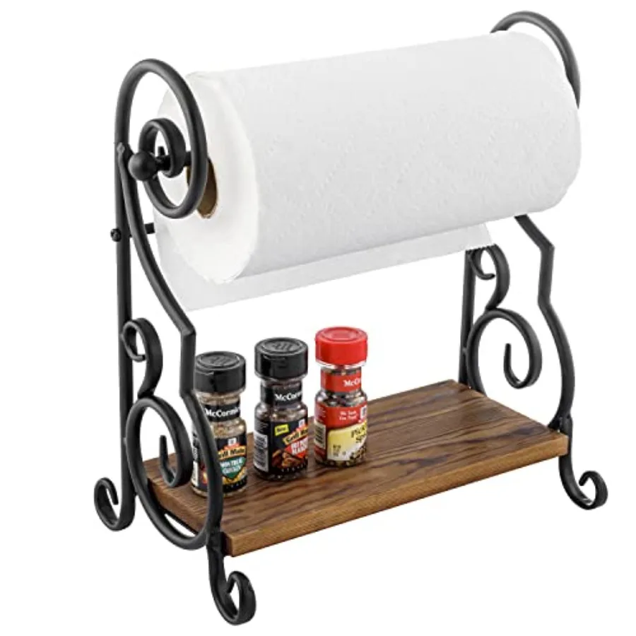 Metal Countertop Paper Towel Holder with Rustic Solid Burnt Wood Storage Shelf and Scrollwork Design Easy Refill Single Roll Ho
Metal Countertop Paper Towel Holder with Rustic Solid Burnt Wood Storage Shelf and Scrollwork Design Easy Refill Single Roll Ho