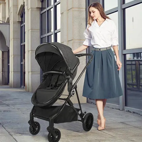 2-in-1 Baby Stroller，Folding High Landscape Pram Pushchair, Adjustable Handler, Extra Storage, Spacious Seat, Removable Footmuff