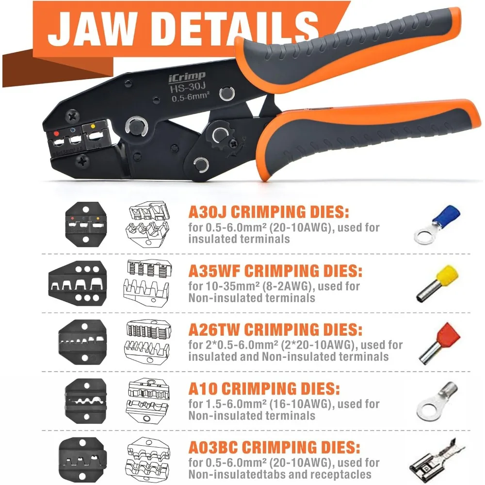 iCrimp Ratchet Wire Crimping Tool Set w/ 5 Interchangeable Jaws for Insulated and Non-Insulated Terminals AWG20-2
iCrimp Ratchet Wire Crimping Tool Set w/ 5 Interchangeable Jaws for Insulated and Non-Insulated Terminals AWG20-2