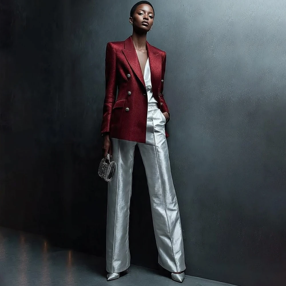High Quality Double Breasted Women's Suits Fashion Peak Lapel Red Blazer With Silvery Trousers 2 Piece Jacket Pants
High Quality Double Breasted Women's Suits Fashion Peak Lapel Red Blazer With Silvery Trousers 2 Piece Jacket Pants