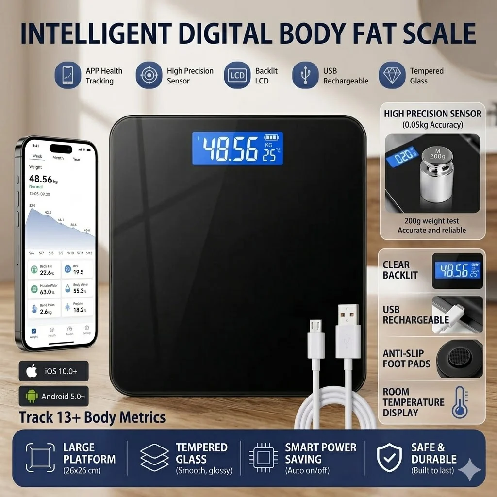Bluetooth Smart Weight Scale Precise Intelligent Digital Wireless Bathroom Scale USB Rechargeable For Body Weight Measurement
Bluetooth Smart Weight Scale Precise Intelligent Digital Wireless Bathroom Scale USB Rechargeable For Body Weight Measurement