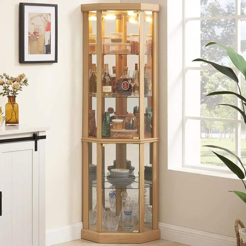 Illuminated Glass Display Cabinet with Adjustable Shelves & Carved Details in Light Oak Finish
Illuminated Glass Display Cabinet with Adjustable Shelves & Carved Details in Light Oak Finish