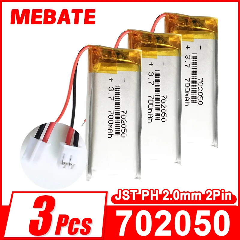 3 PCS 3.7V 700mAh Lithium Polymer Lipo Rechargeable Battery JST PH 2.0mm 2pin For MP3 GPS DVD Bluetooth Recorder Camera 702050
3 PCS 3.7V 700mAh Lithium Polymer Lipo Rechargeable Battery JST PH 2.0mm 2pin For MP3 GPS DVD Bluetooth Recorder Camera 702050