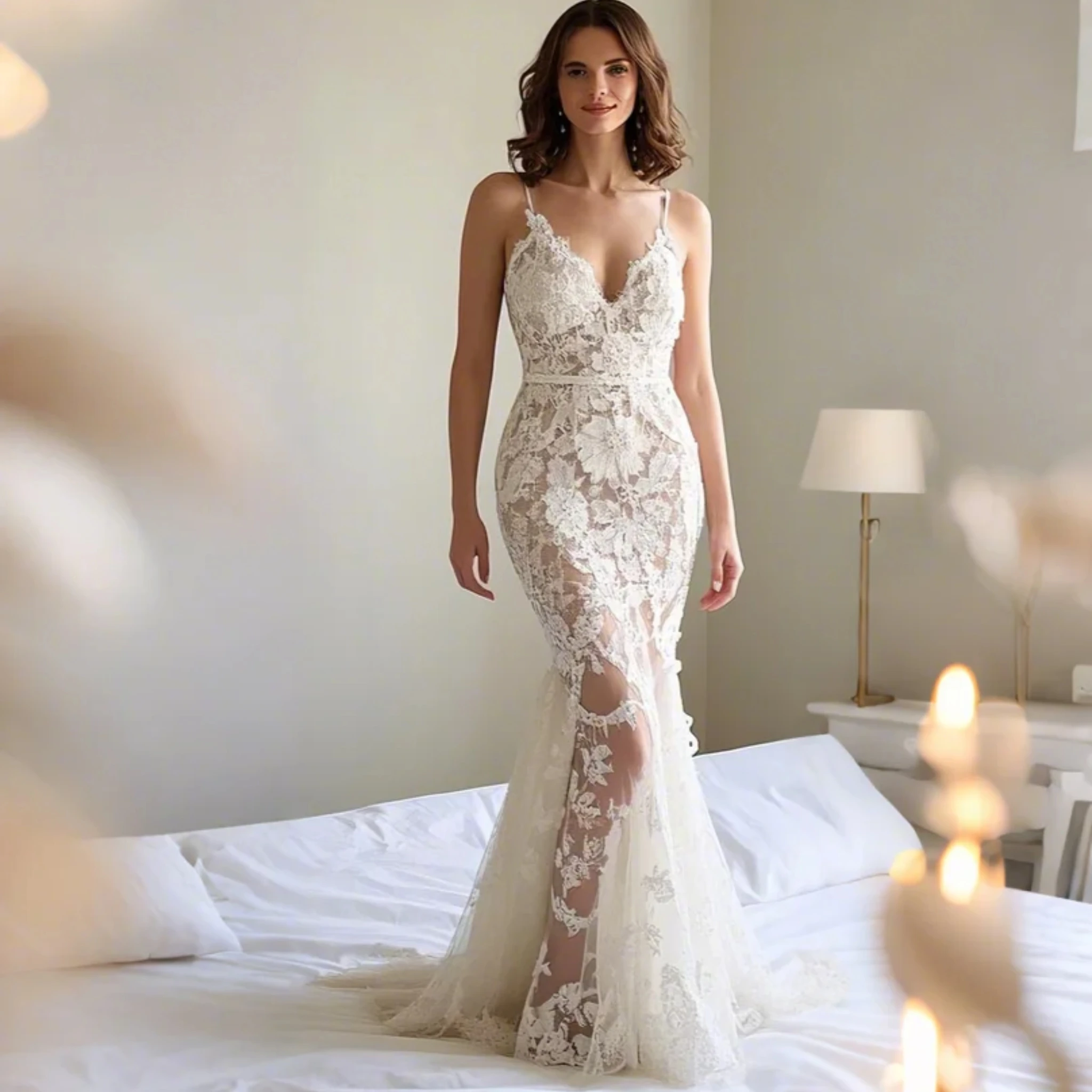 Mermaid/Trumpet Romantic Sexy Beach Boho Wedding Dress Lace V Neck Sweep Train Appliques Sweet Bridal Gown 2025 free customized
Mermaid/Trumpet Romantic Sexy Beach Boho Wedding Dress Lace V Neck Sweep Train Appliques Sweet Bridal Gown 2025 free customized