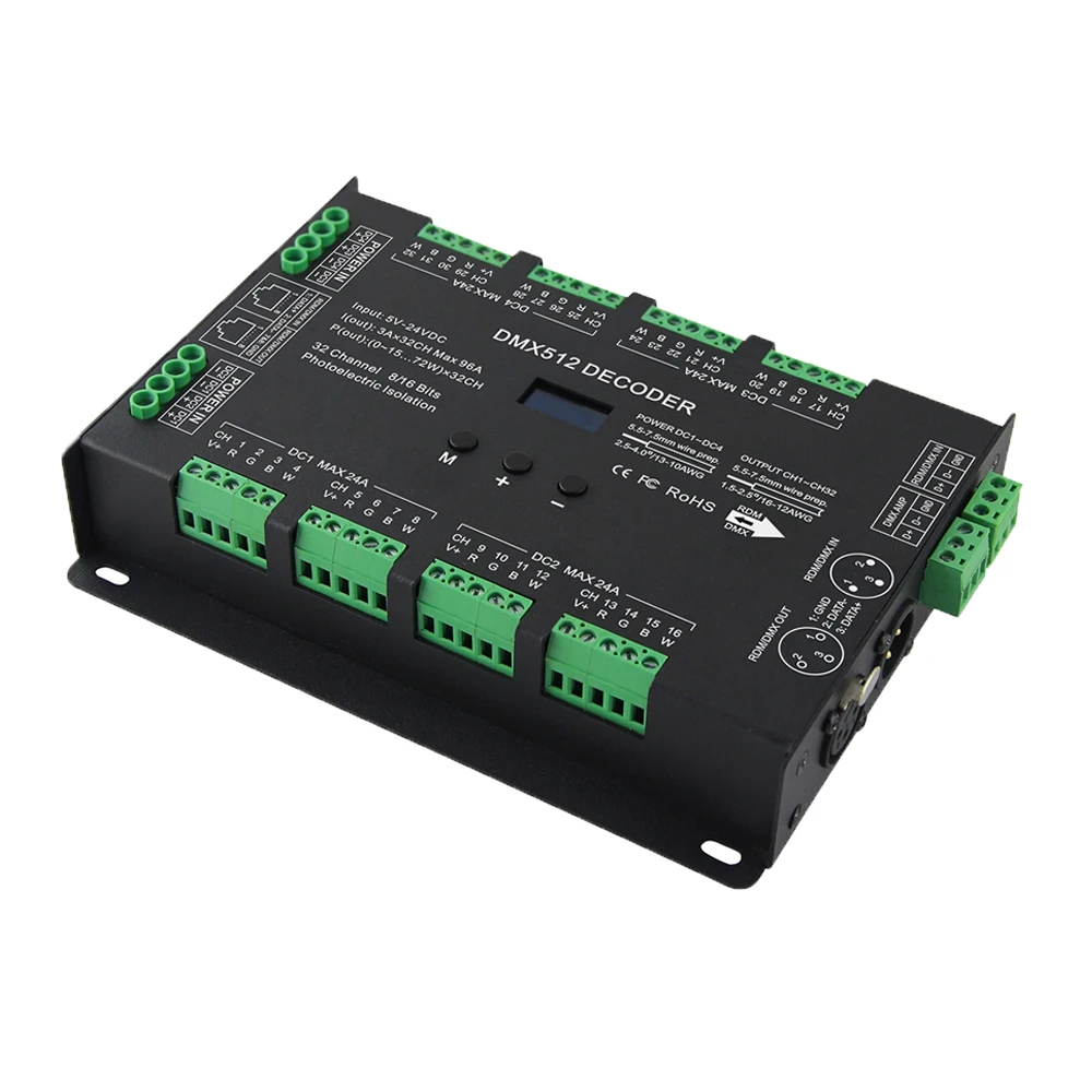 LED DMX-RDM Decoder;DC12-24V Input 3A*32CH 32 Channel Output RGB RGBW Strip Ribbon DMX512 Controller XLR-3 RJ45 DMX Slave
LED DMX-RDM Decoder;DC12-24V Input 3A*32CH 32 Channel Output RGB RGBW Strip Ribbon DMX512 Controller XLR-3 RJ45 DMX Slave