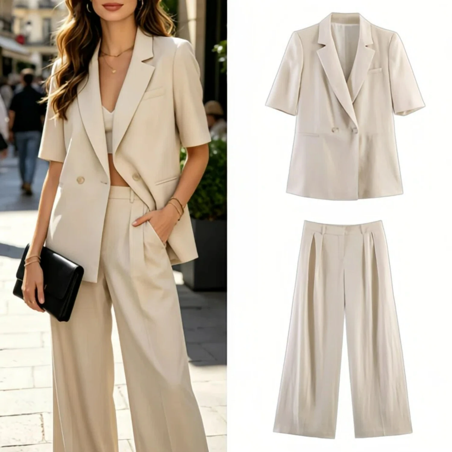 Women's Two Piece Suit Summer 2026 Double Breasted Short Sleeve Blazer High Waist Wide Leg Trousers Female Commute Office Set
Women's Two Piece Suit Summer 2026 Double Breasted Short Sleeve Blazer High Waist Wide Leg Trousers Female Commute Office Set