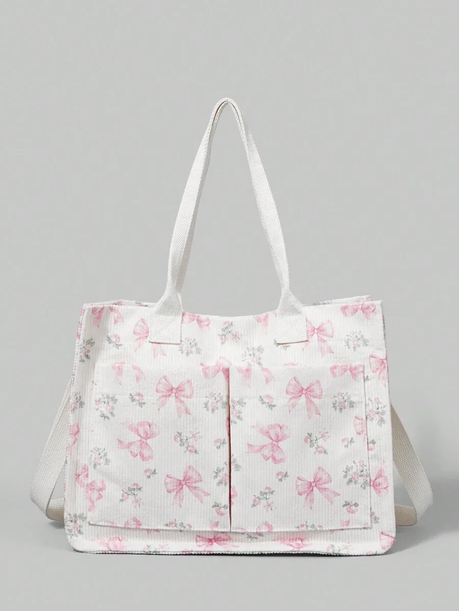 Вместительная белая сумка-тоут из вельвета с розовым бантом и цветочным принтом, трансформируемая в сумку через плечо/на плечо
Вместительная белая сумка-тоут из вельвета с розовым бантом и цветочным принтом, трансформируемая в сумку через плечо/на плечо