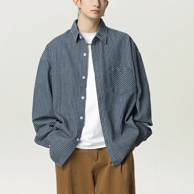New Arrival Mens Denim Striped Shirt Long Sleeve Vintage Workwear Oversized Spring Autumn Casual Streetwear Blue Shirt Jacket
New Arrival Mens Denim Striped Shirt Long Sleeve Vintage Workwear Oversized Spring Autumn Casual Streetwear Blue Shirt Jacket