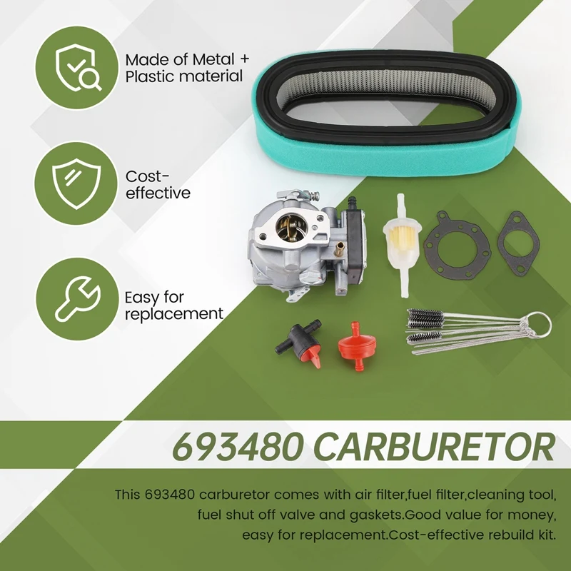 Карбюратор для газонокосилки 693480, подходит для Briggs & Stratton 693479 499306 с воздушным фильтром 394019S, топливным фильтром 394358S
Карбюратор для газонокосилки 693480, подходит для Briggs & Stratton 693479 499306 с воздушным фильтром 394019S, топливным фильтром 394358S