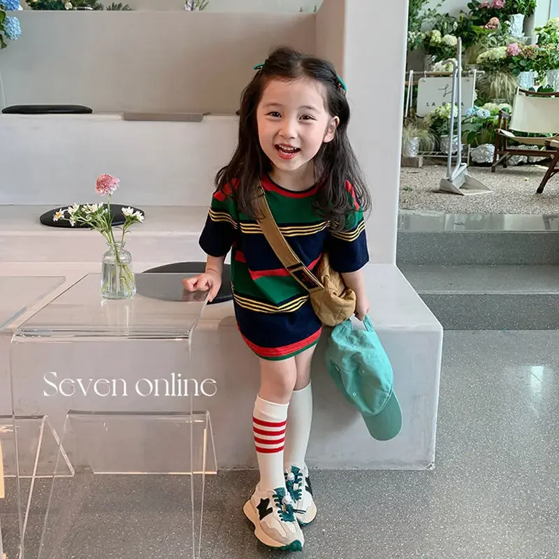 Girls' T-shirt Skirt Summer Mid-Length Pure Cotton Contrast-Color Striped Dress New Girls' Top
Girls' T-shirt Skirt Summer Mid-Length Pure Cotton Contrast-Color Striped Dress New Girls' Top