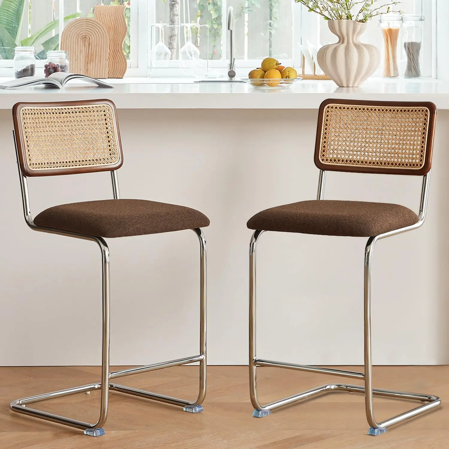 Natural Rattan Counter Height Stools Set of 2 with Solid Wood Back, 24 Inch Mid Century Modern Cesca Bar Stools, Brown Uphols
Natural Rattan Counter Height Stools Set of 2 with Solid Wood Back, 24 Inch Mid Century Modern Cesca Bar Stools, Brown Uphols