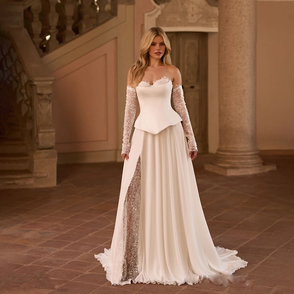 Beach Wedding Dresses For Bride Detachable Sleeve Sweetheart Side Split Lace Bride Gowns Chiffon A Line robe mariee Customized
Beach Wedding Dresses For Bride Detachable Sleeve Sweetheart Side Split Lace Bride Gowns Chiffon A Line robe mariee Customized