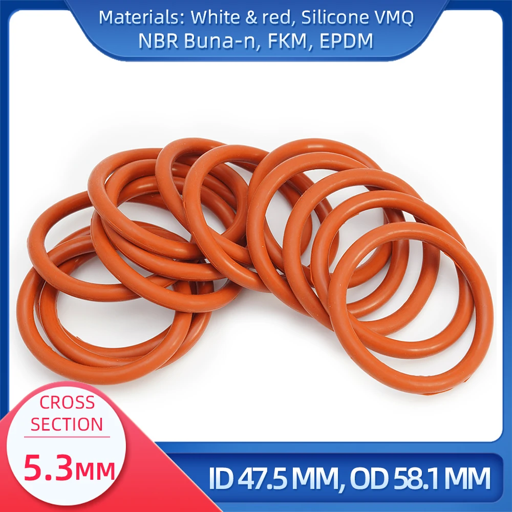 O Ring CS 5.3 mm ID 47.5 mm OD 58.1 mm Material With Silicone VMQ NBR FKM EPDM ORing Seal Gask
O Ring CS 5.3 mm ID 47.5 mm OD 58.1 mm Material With Silicone VMQ NBR FKM EPDM ORing Seal Gask