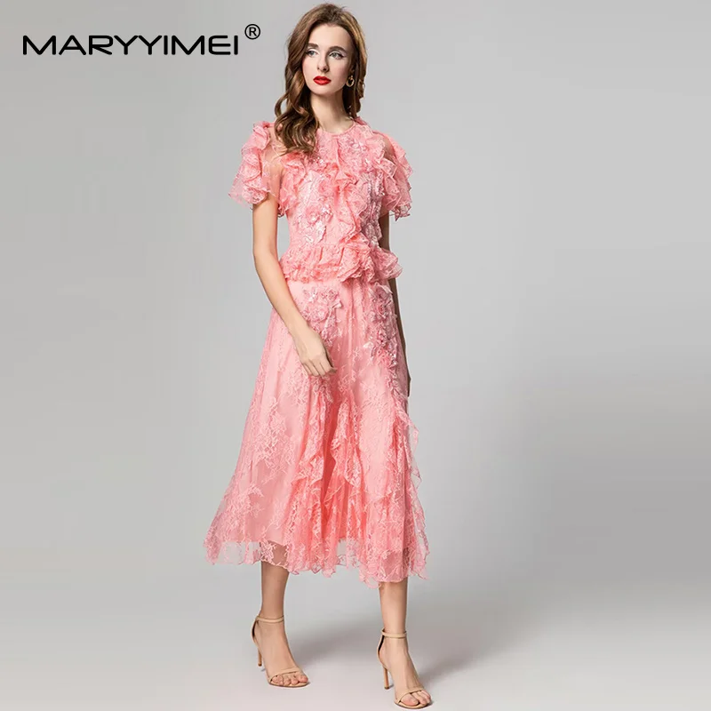 MARYYIMEI Solid Short-Sleeved Slim Midi Dress For Women Lace Hollow Out Flounced Edge Splicing Deading Elegant Party Dresses
MARYYIMEI Solid Short-Sleeved Slim Midi Dress For Women Lace Hollow Out Flounced Edge Splicing Deading Elegant Party Dresses