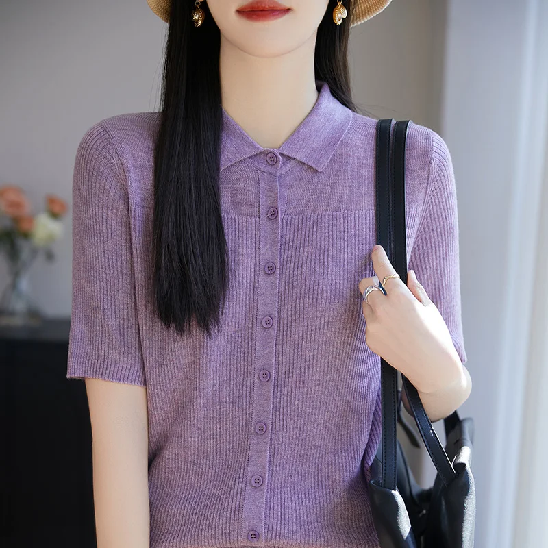 Summer new woolen cardigan short sleeved women's casual knitted sweater T-shirt solid color POLO collar pullover women's top
Summer new woolen cardigan short sleeved women's casual knitted sweater T-shirt solid color POLO collar pullover women's top