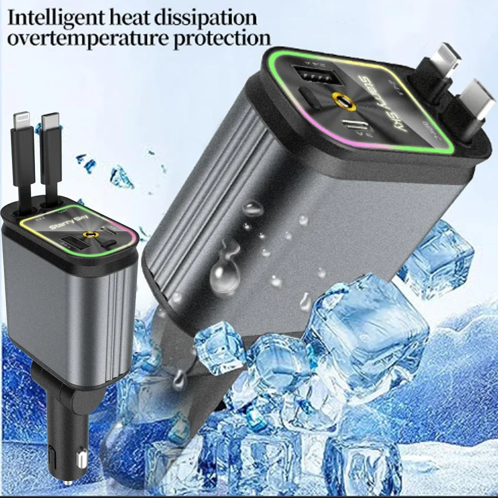 4 in 1 Retractable Car Charger 120W with USB C Lightning Cable Starlight in Auto Roof Fast Charging for IPhone Samsung Phones
4 in 1 Retractable Car Charger 120W with USB C Lightning Cable Starlight in Auto Roof Fast Charging for IPhone Samsung Phones