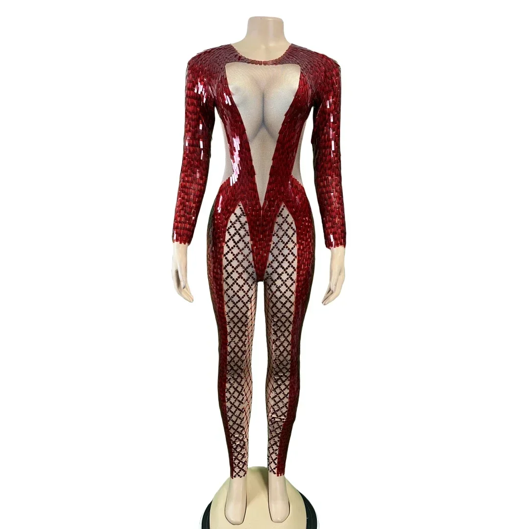 Red Sequins Rhinestone Stretch Jumpsuits For Women Dance Night Show Drag Queen Costume Shinning Tights DJ DS Club Glitter Outfit 
Red Sequins Rhinestone Stretch Jumpsuits For Women Dance Night Show Drag Queen Costume Shinning Tights DJ DS Club Glitter Outfit