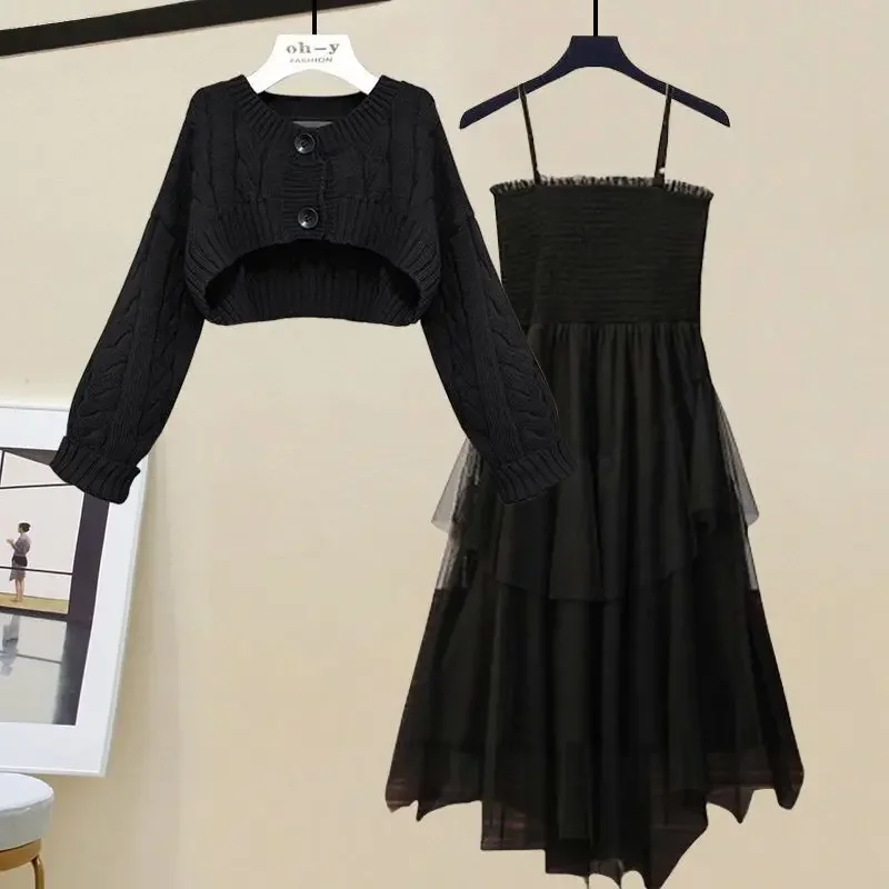 New Autumn Winter Women Chic Short Sweater Cardigan Sling Dress 1 or Two Piece Set Lady Vintage Knit Jackets Strape Dresses Suit
New Autumn Winter Women Chic Short Sweater Cardigan Sling Dress 1 or Two Piece Set Lady Vintage Knit Jackets Strape Dresses Suit