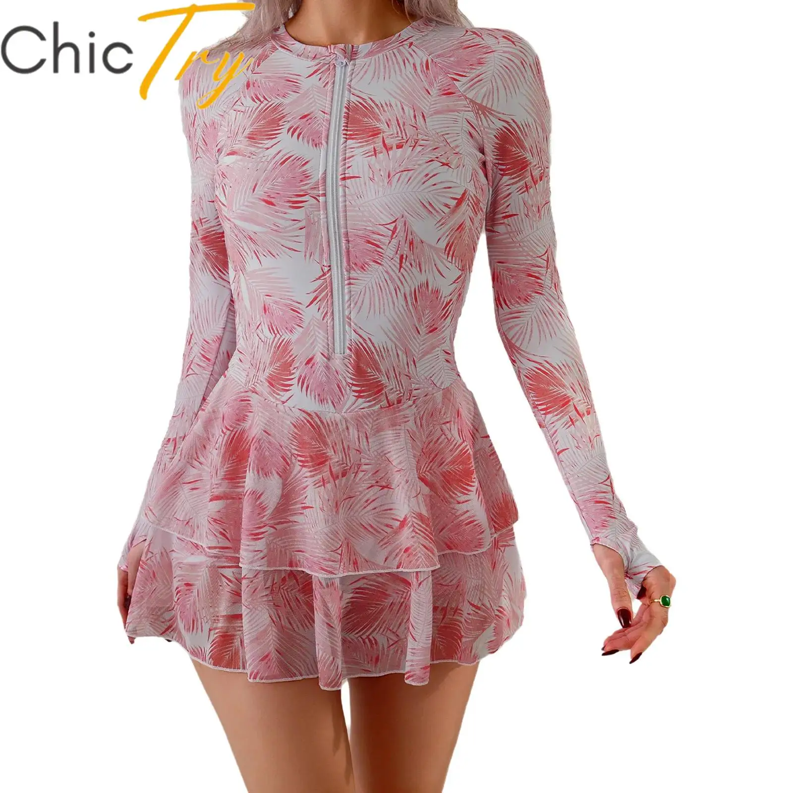 Womens Allover Print Rash Guard Swimwear Long Sleeve Front Zipper Tiered Skirted One Piece Swimsuit Bodysuit for Sun Protection 
Womens Allover Print Rash Guard Swimwear Long Sleeve Front Zipper Tiered Skirted One Piece Swimsuit Bodysuit for Sun Protection