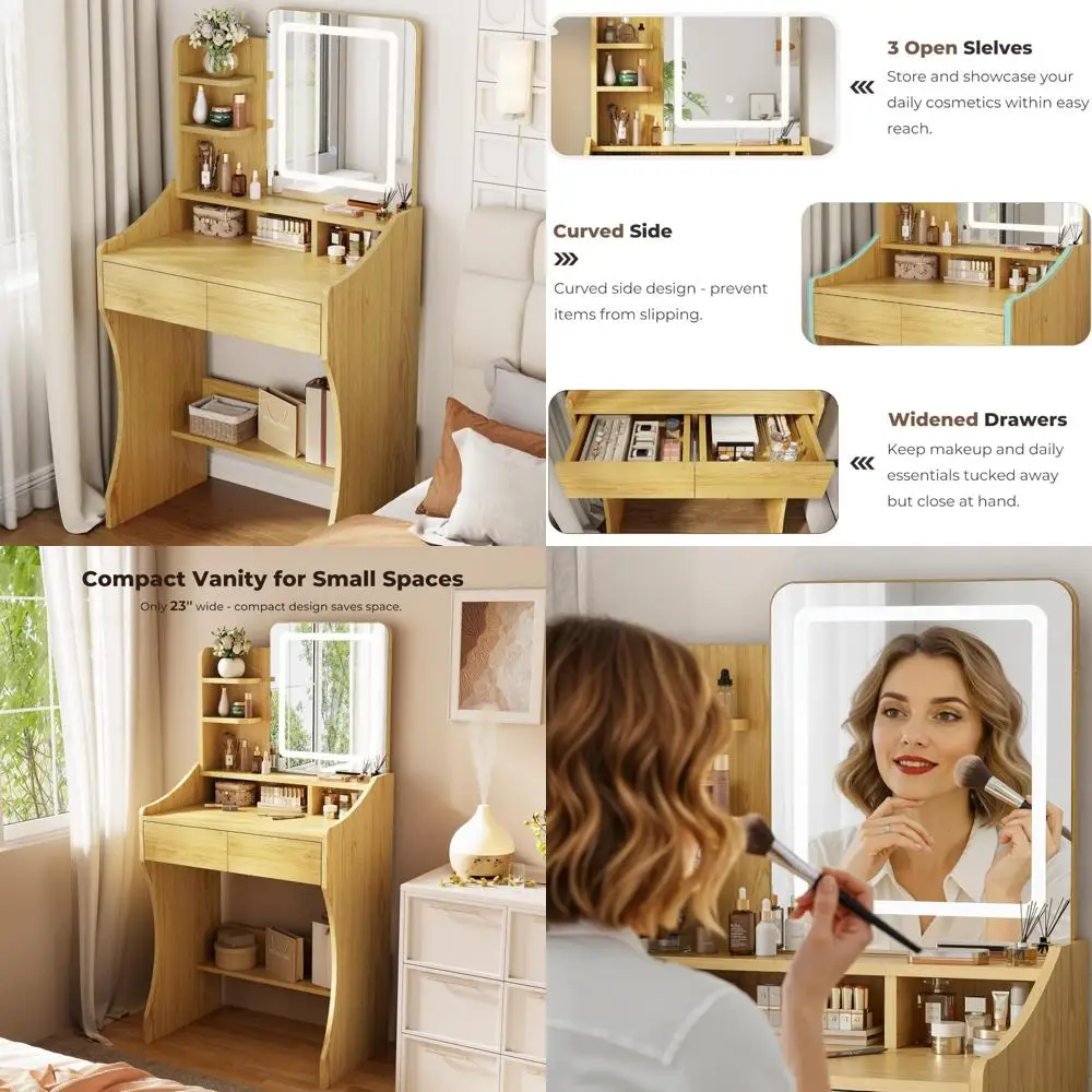 Компактный деревянный туалетный столик для макияжа с зеркалом, освещением, ящиками и полками для хранения вещей.
Компактный деревянный туалетный столик для макияжа с зеркалом, освещением, ящиками и полками для хранения вещей.