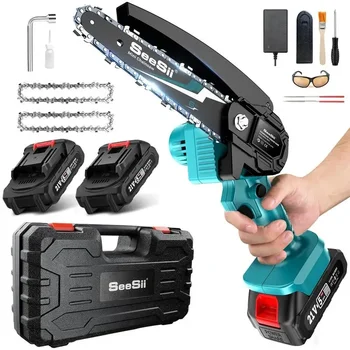 Mini Chainsaw 6 inch Cordless, Seesii Handheld Electric Power Chain Saw with Battery for Tree Trimming Wood Cutting
