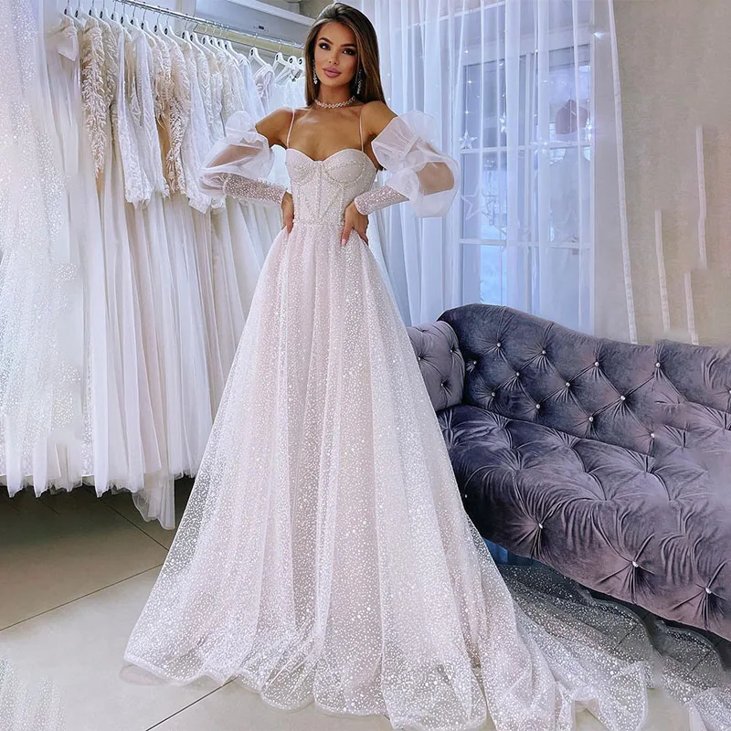 Bliing Spaghetti Straps A Line Wedding Dresses With Detachable Puff Sleeves Women 2022 Backless Lace Sparkly Vestidos De Novia
Bliing Spaghetti Straps A Line Wedding Dresses With Detachable Puff Sleeves Women 2022 Backless Lace Sparkly Vestidos De Novia