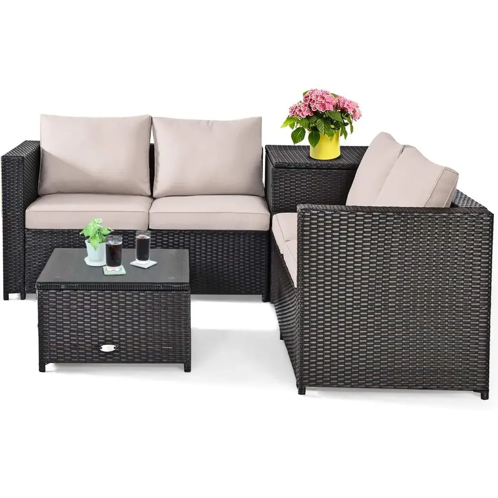 4-Piece Outdoor Rattan Sofa Set with Cushions and Storage Table for Patio, Garden, Lawn, and Poolside
4-Piece Outdoor Rattan Sofa Set with Cushions and Storage Table for Patio, Garden, Lawn, and Poolside