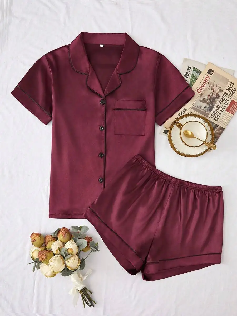 Satin Pajama Set With Contrast Piping Short Sleeve Top And Shorts
Satin Pajama Set With Contrast Piping Short Sleeve Top And Shorts