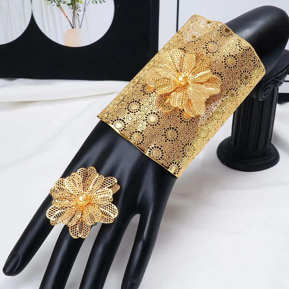 Arab Fashion Large Jewelry Cuff Bangle with Ring Set for Women African Luxury Gold Color Bracelet Finger Ring Daily Accessories
Arab Fashion Large Jewelry Cuff Bangle with Ring Set for Women African Luxury Gold Color Bracelet Finger Ring Daily Accessories