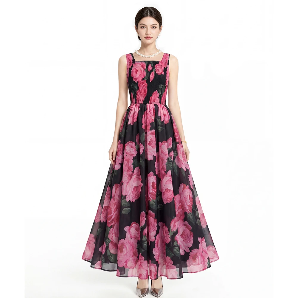 Runway Fashion Flower Print Long Maxi Dress For Women Sexy Square Collar Sleeveless Elastic Waist Slim Summer Dress Chiffon Robe
Runway Fashion Flower Print Long Maxi Dress For Women Sexy Square Collar Sleeveless Elastic Waist Slim Summer Dress Chiffon Robe