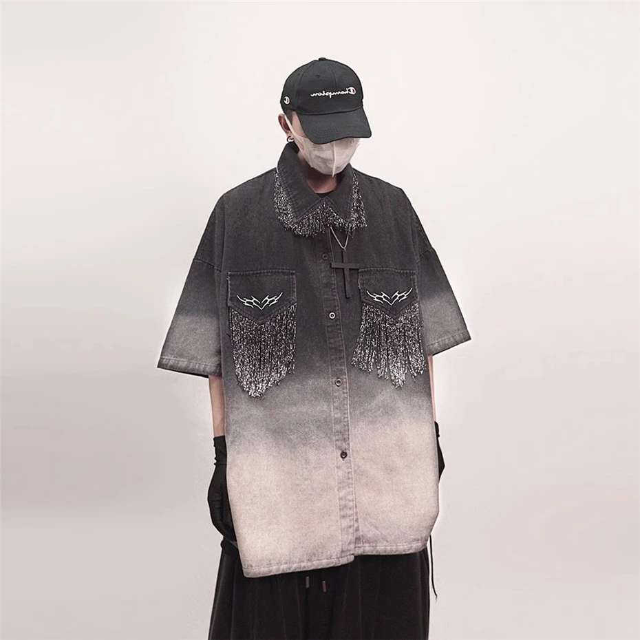 Black Tassels Denim Shirt Men Streetwear Hip Hop Punk Short Sleeve Shirt Oversized Harajuku Vintage Casual Jeans Blouse Male
Black Tassels Denim Shirt Men Streetwear Hip Hop Punk Short Sleeve Shirt Oversized Harajuku Vintage Casual Jeans Blouse Male