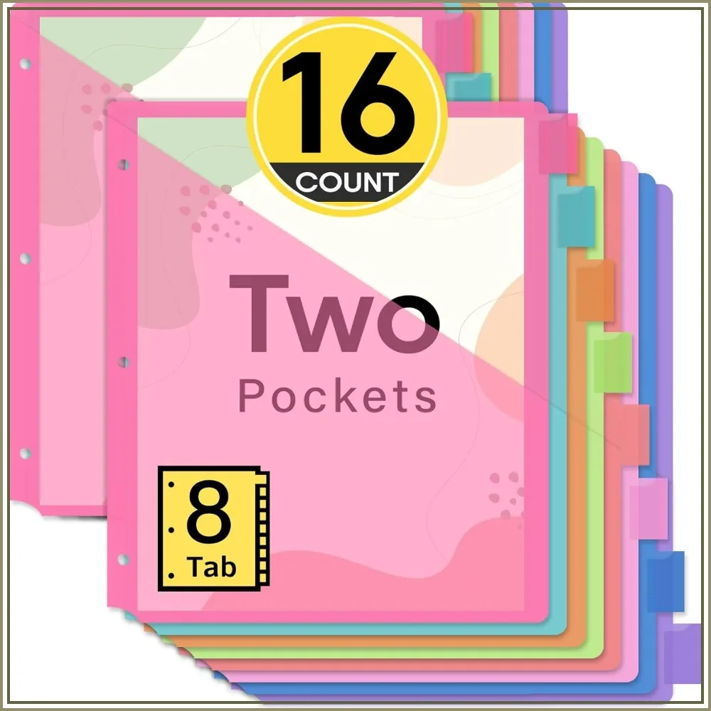 16 Tab Binder Dividers with 2 Pockets, 8 Tabs Set, Plastic Index Dividers for Office & School, 2 Sets
16 Tab Binder Dividers with 2 Pockets, 8 Tabs Set, Plastic Index Dividers for Office & School, 2 Sets