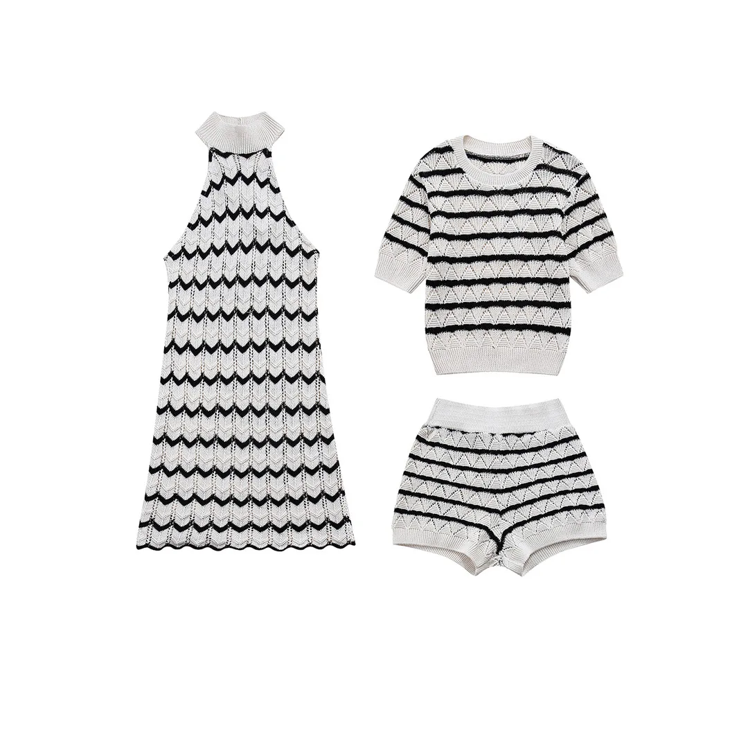 2024 Summer Fashion Retro Striped Knitted T-Shirt Women's Short Sleeve Casual Short Woven Dress Shorts 3 Piece Suit
2024 Summer Fashion Retro Striped Knitted T-Shirt Women's Short Sleeve Casual Short Woven Dress Shorts 3 Piece Suit