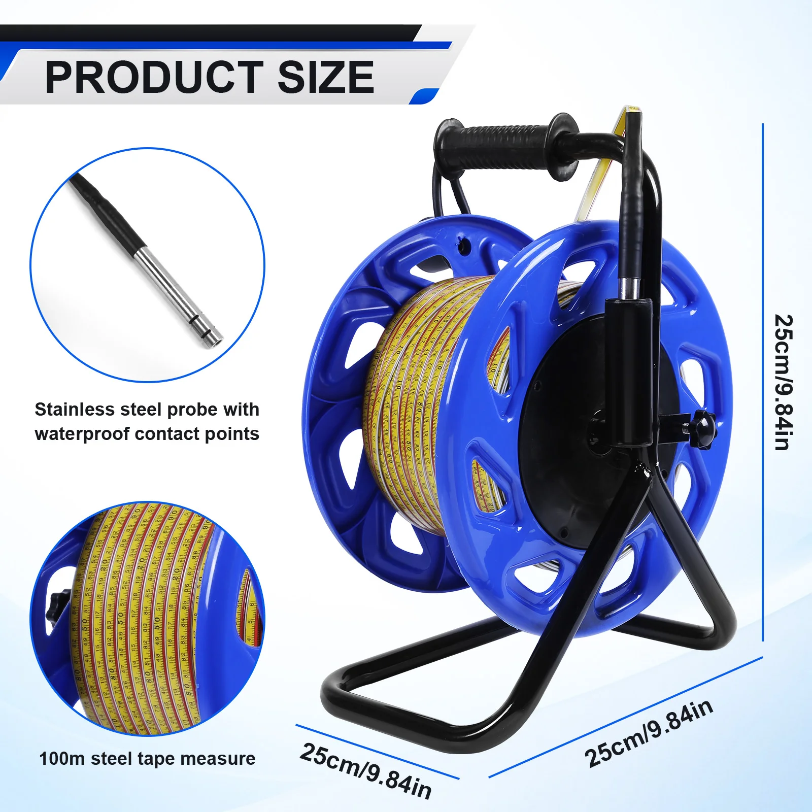 100m Water Depth Gauge with Fixed Probe and Steel Tape Groundwater Level Measuring Instrument for Well and Reservoir Monitoring