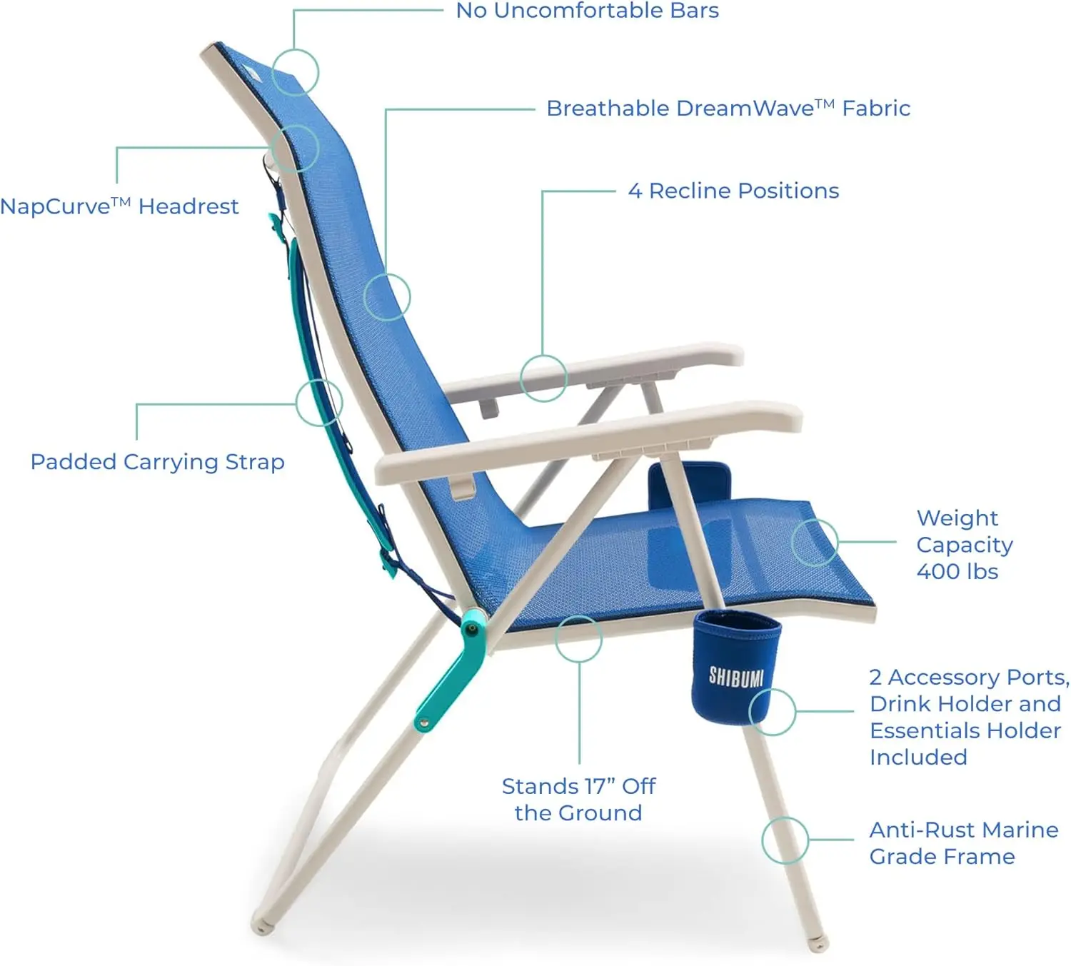 Beach Chair 17in Tall 400lbs Weight Capacity Marine Grade Anti Rust Frame 4 Position Recliner
Beach Chair 17in Tall 400lbs Weight Capacity Marine Grade Anti Rust Frame 4 Position Recliner
