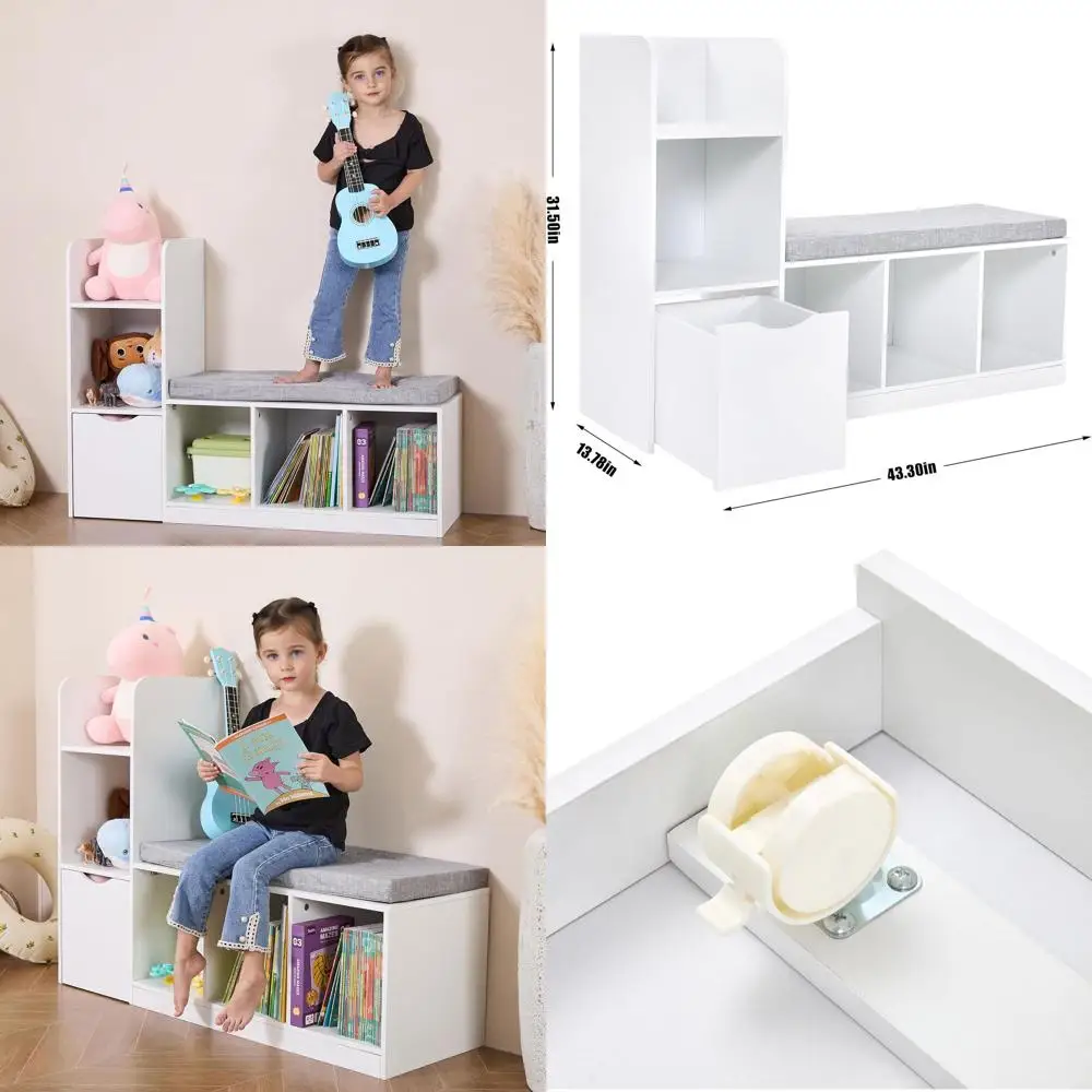Large White Kids Bookshelf with Storage, Bench, and Cushion for Playroom and Nursery
Large White Kids Bookshelf with Storage, Bench, and Cushion for Playroom and Nursery