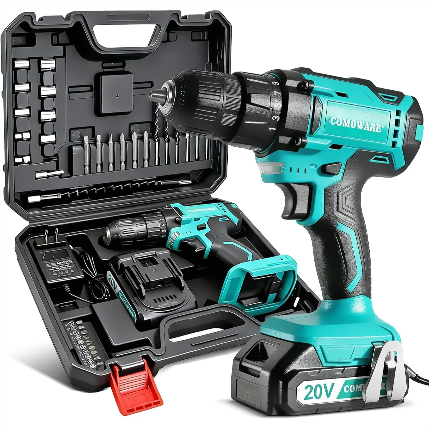 Cordless Drill Set with 20V Battery & Charger, 3/8" Keyless Chuck, 2 Variable Speed, 266 In-lb Torque, 25+1 Position, 34pcs
Cordless Drill Set with 20V Battery & Charger, 3/8" Keyless Chuck, 2 Variable Speed, 266 In-lb Torque, 25+1 Position, 34pcs