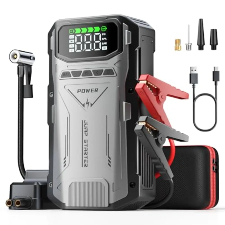 Jump Starter with Air Compressor 4000A Portable Car Battery Charger Jump Box 150PSI Tire Inflator and Battery Jumper Pack for 1
Jump Starter with Air Compressor 4000A Portable Car Battery Charger Jump Box 150PSI Tire Inflator and Battery Jumper Pack for 1