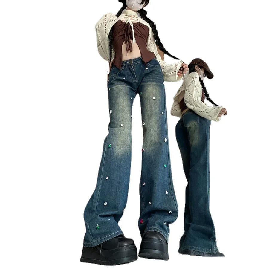 Women Flared Jeans with Rhinestone Diamond Denim Pant high waist y2k pants elegant slim slight bootcut bell bottom jean trousers
Women Flared Jeans with Rhinestone Diamond Denim Pant high waist y2k pants elegant slim slight bootcut bell bottom jean trousers