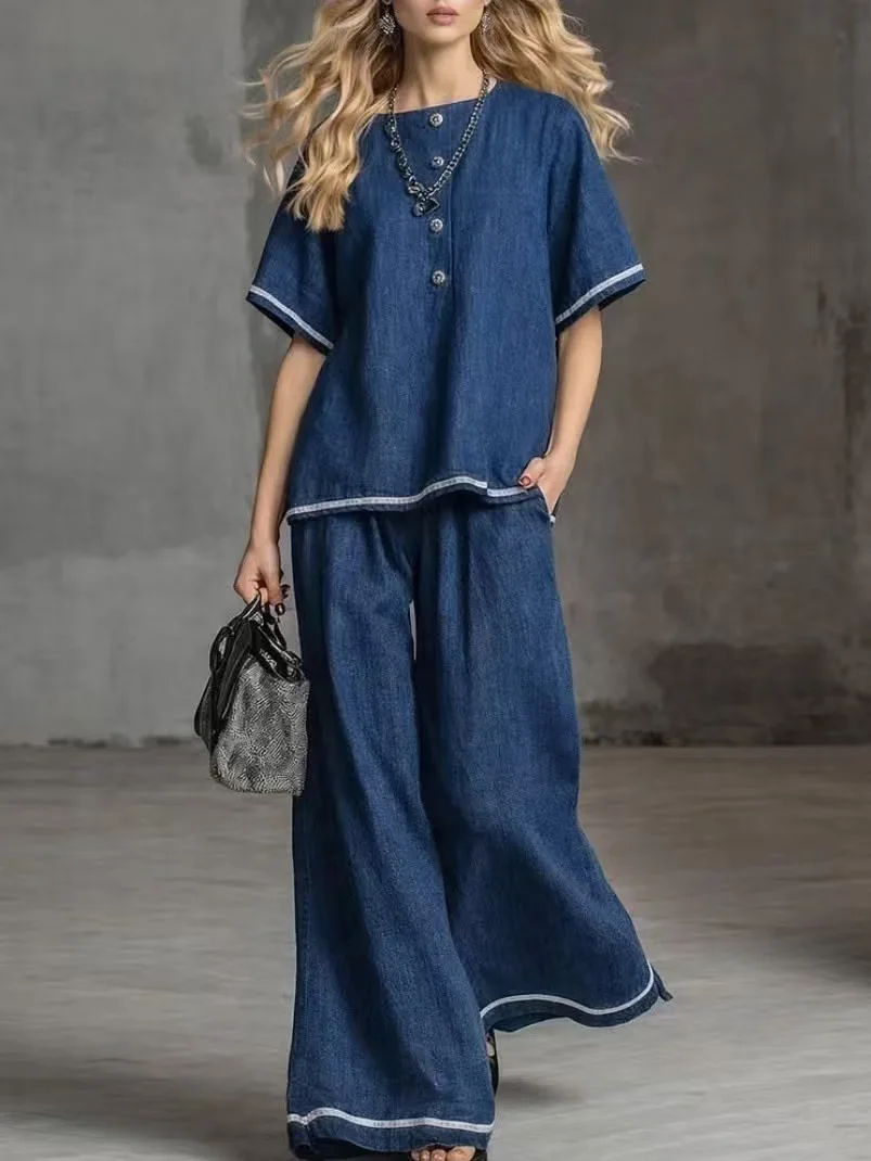 Women's 2-piece Set 2026 New Loose Contrast Wide Leg Pants Suit Summer Casual Fashion Two-piece Trendy Style Women Clothing
Women's 2-piece Set 2026 New Loose Contrast Wide Leg Pants Suit Summer Casual Fashion Two-piece Trendy Style Women Clothing