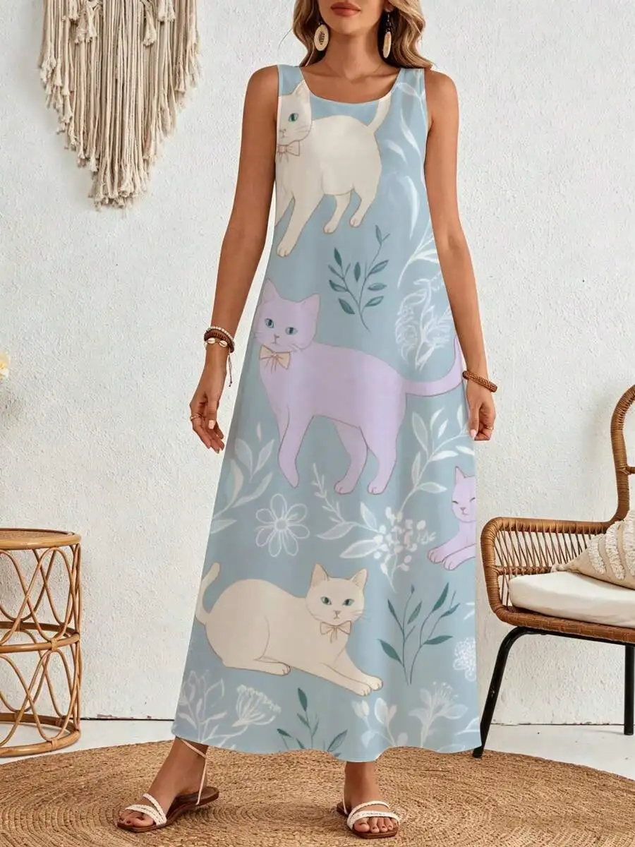 Sleeveless Maxi Dress Light Blue Cat Floral Print Summer Beach Vacation Wear
Sleeveless Maxi Dress Light Blue Cat Floral Print Summer Beach Vacation Wear