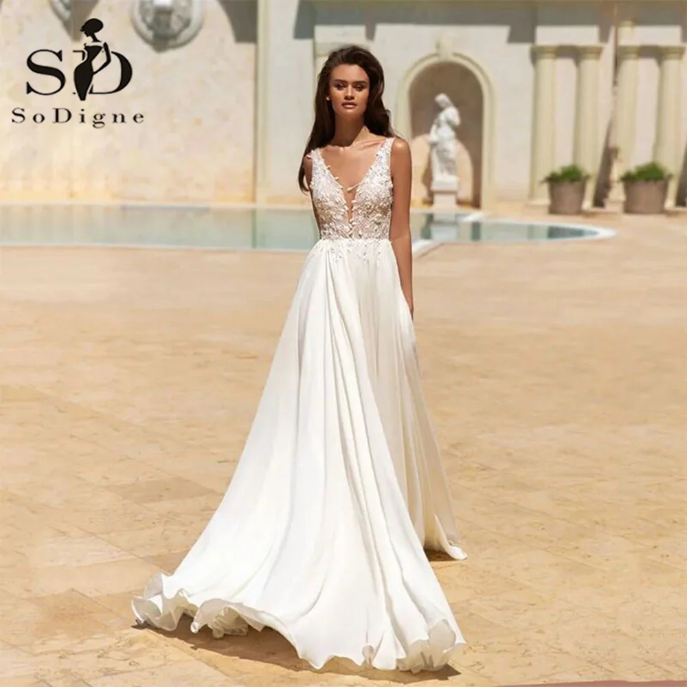 SoDigne Sexy Backless Wedding Dresses Boho V Shoulder Sleeveless Beach Bridal Dress Bridal Gowns Custom Made
SoDigne Sexy Backless Wedding Dresses Boho V Shoulder Sleeveless Beach Bridal Dress Bridal Gowns Custom Made