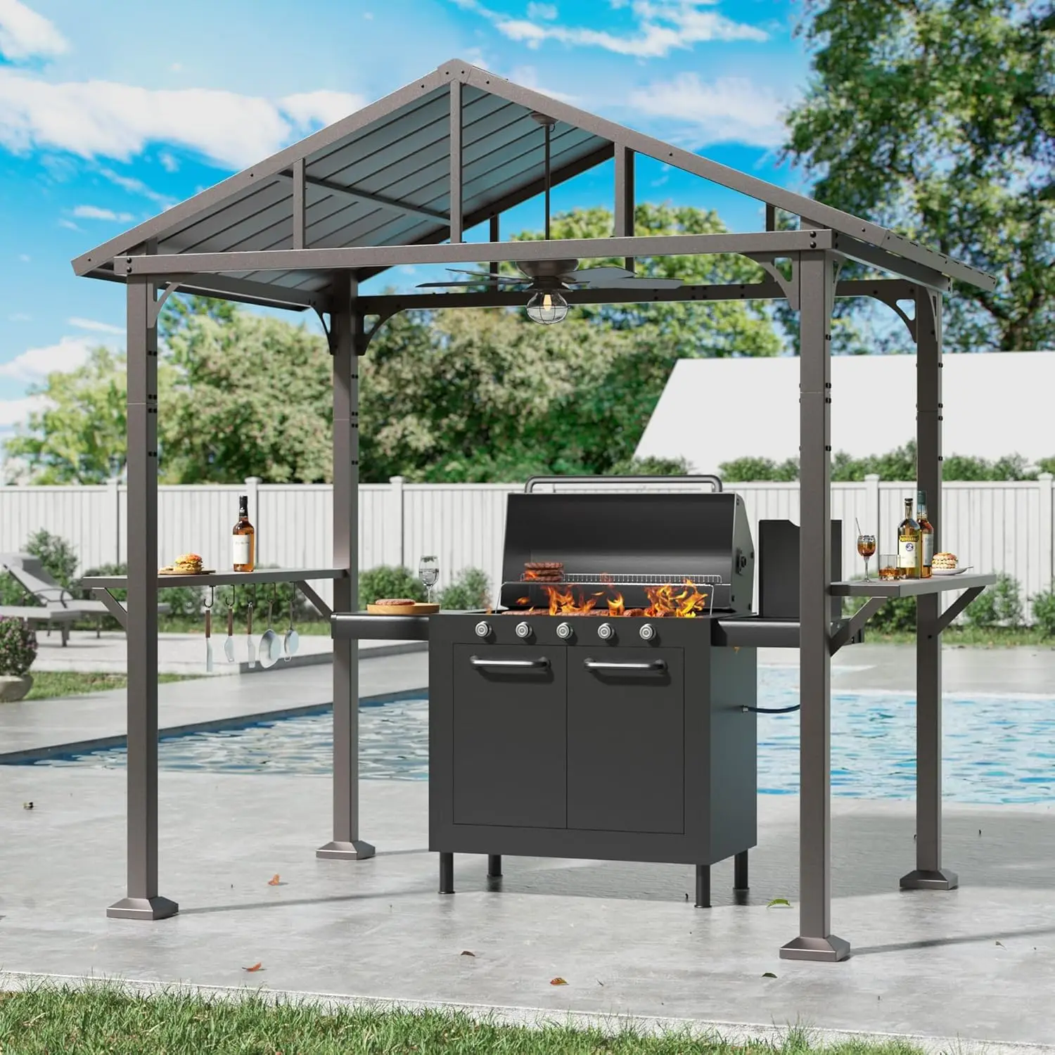 8x5 Hardtop Grill Gazebo Galvanized Steel Roof Ceiling Hook 2 Side Shelves 5 Hooks Patio Lawn Backyard Garden, Customized
8x5 Hardtop Grill Gazebo Galvanized Steel Roof Ceiling Hook 2 Side Shelves 5 Hooks Patio Lawn Backyard Garden, Customized